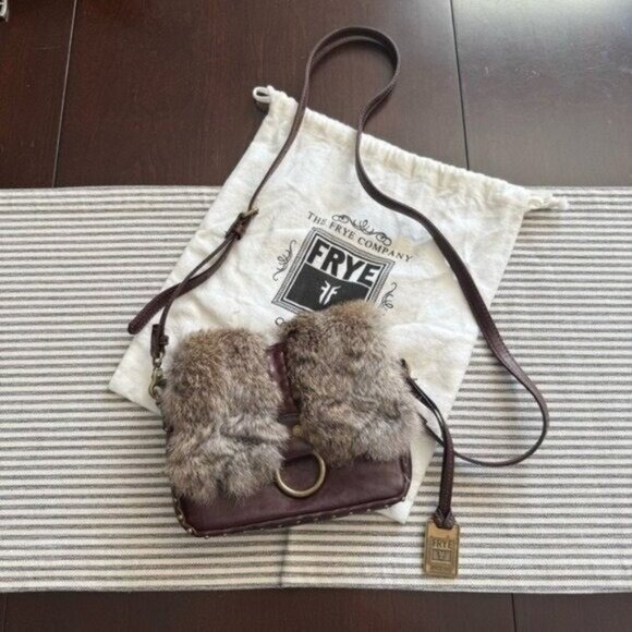 Frye Roxanne Rabbit Fur Genuine Leather Stud Studded Crossbody Bag Purse Brown • - Picture 1 of 12
